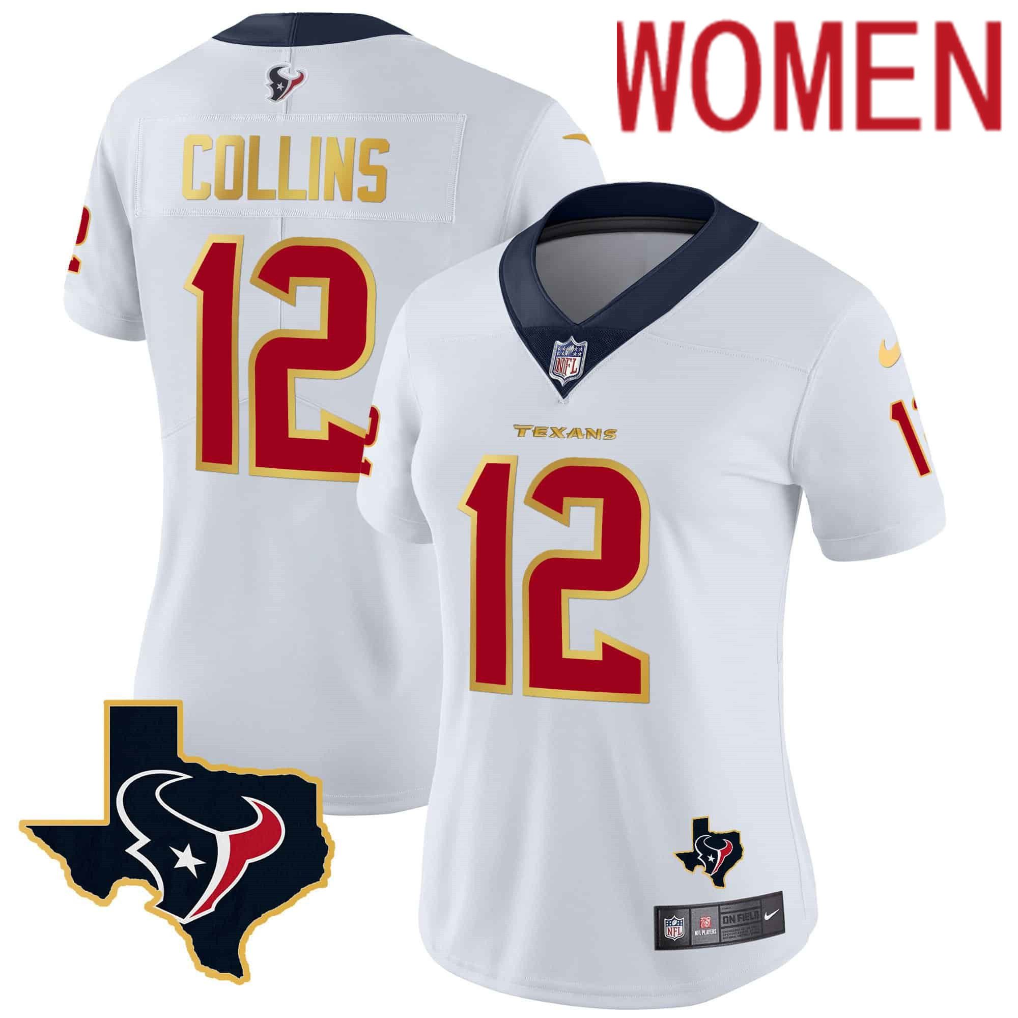 Women Houston Texans #12 Collins White Gold 2024 Nike Trim Vapor NFL Jersey->women nfl jersey->Women Jersey